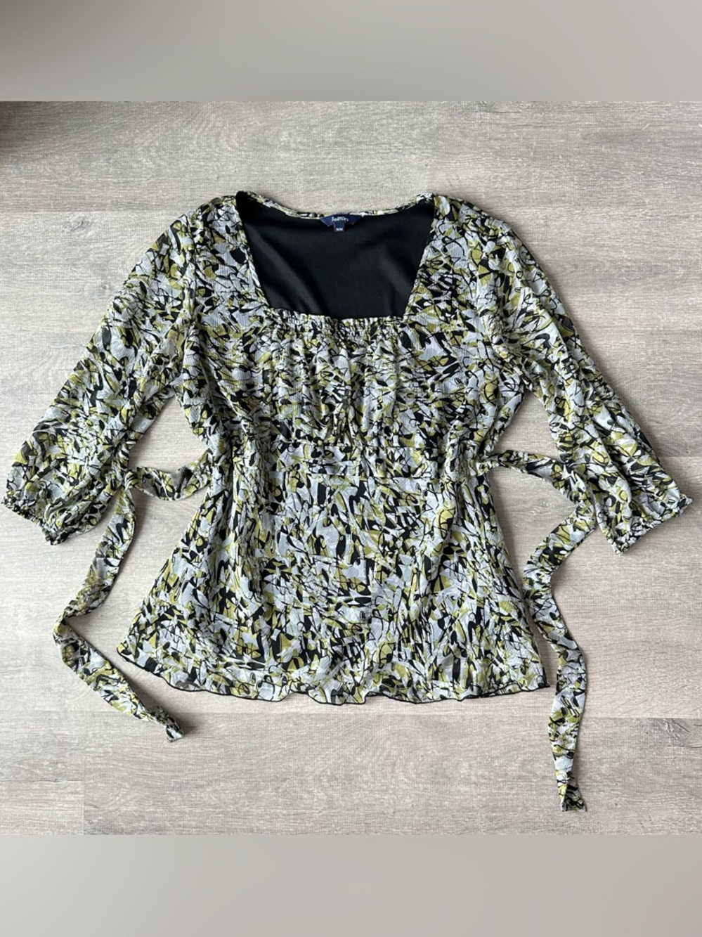 Reitman Womens Green & Black Floral Square-Neck Tie-Sleeve Babydoll Top